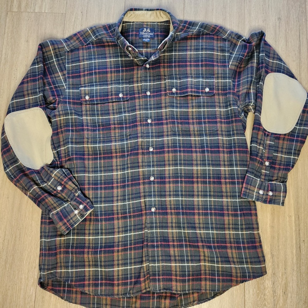 Vtg Willis & Geiger Men L-Tall Plaid Shooters Shirt Elbow Pads Pocket Hong Kong